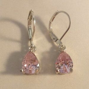 Silver Pink Pear Tear Solitaire Diamond Zircon Dangle Earrings 1.75ctw